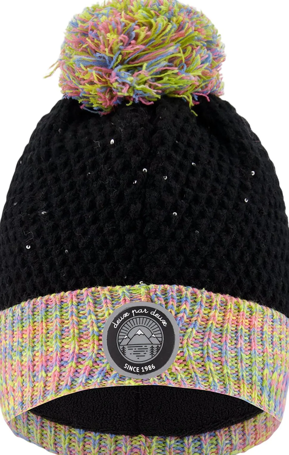 Black-Multicolor Lined Knit Pompom Hat - Little Girl