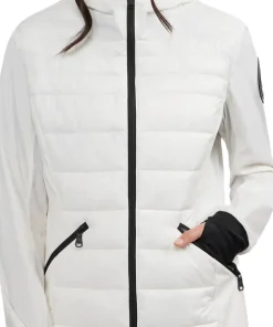 Cressy Mixed-Media Channel Quilted Stretch Puffer Jacket with Fixed Hood - Women's