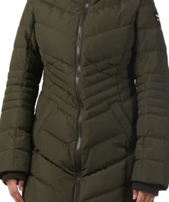 Queens Faux Fur Trim Chevron Quilt Mid Length Coat - Women's