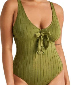 Spaced Rib Lace-Up One-Piece Swimsuit - Women's